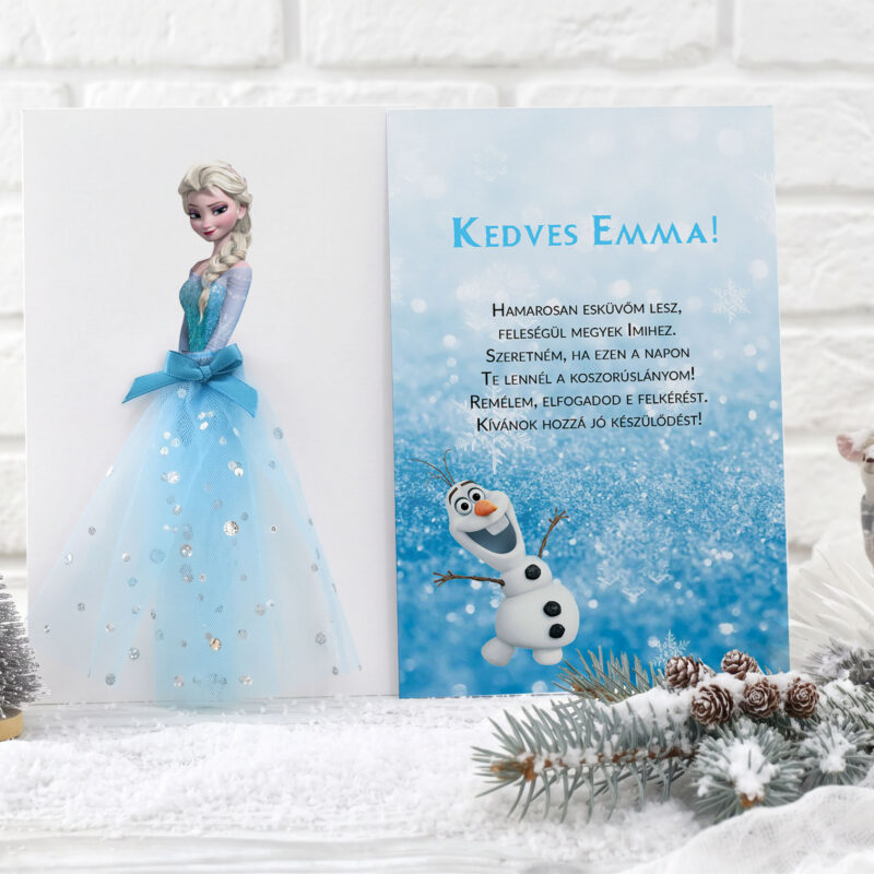 jégvarázs mesés koszorúslány felkérő kártya elsa hercegnővel 3D kék tüll ruhával olaf figurával és felkérő szöveggel téli dekoráció mellett