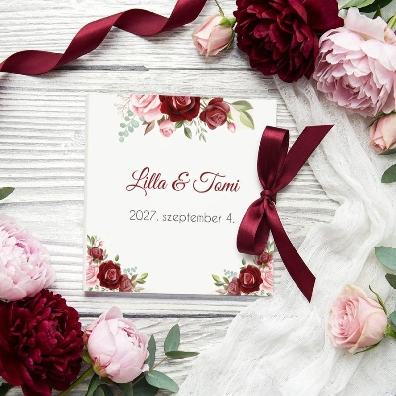 bordó és púderrózsaszín pralinés esküvői csoki